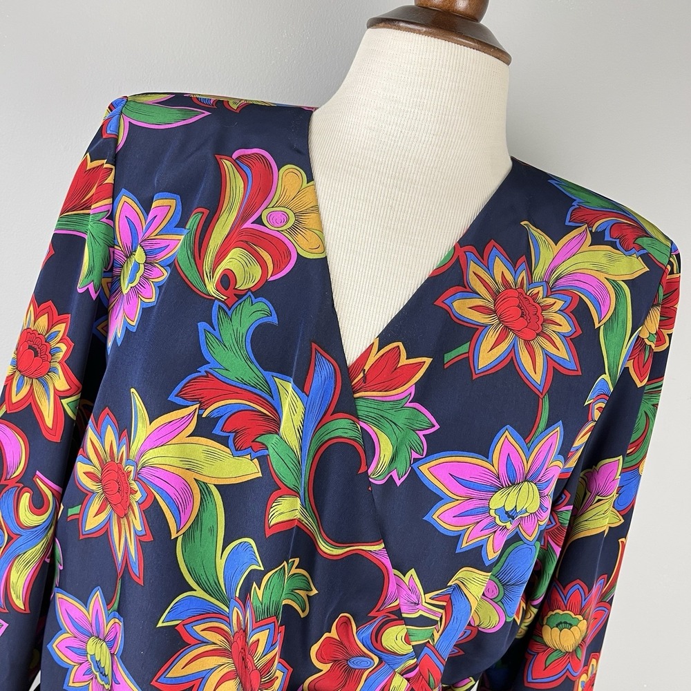 Vintage 90s Liz Claiborne Petites True Wrap Top Blouse Womens 14P Bright Floral‎